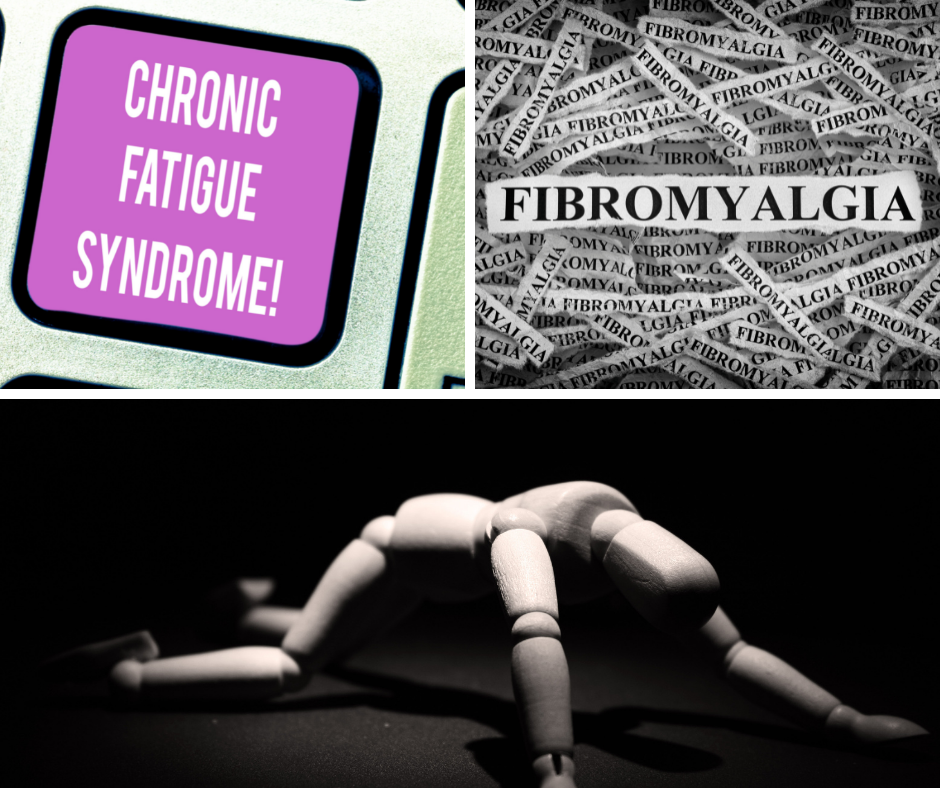 The words Chronic Fatigue and Fibromyalgia written on boxes and the picture of a wooden man struggling across the floor